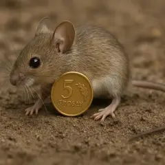 Mała mysz polna z monetą 5 groszy. Ciekawe, ile żyje mysz polna, czy dłużej niż ta moneta?