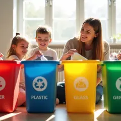 Uśmiechnięta pani uczy dzieci segregacji śmieci. Kolorowe pojemniki: papier, plastik, szkło, ogólne. Radosna nauka ekologii.