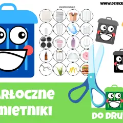 Kolorowe śmietniki i przedmioty do segregacji śmieci do druku. Naucz się, co wrzucić do którego kosza!