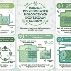 Schemat pokazuje, jak działa przydomowa oczyszczalnia ścieków. Różne technologie, jak osad czynny, złoże biologiczne, SBR, hybrydowe i obrotowe, oczyszczają ścieki.