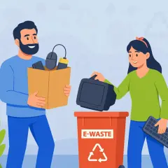 Para segregacji elektrośmieci: mężczyzna z kartonem pełnym sprzętu, kobieta wrzuca monitor do czerwonego pojemnika E-WASTE. Pamiętaj, gdzie wyrzucać baterie i inne urządzenia elektroniczne.