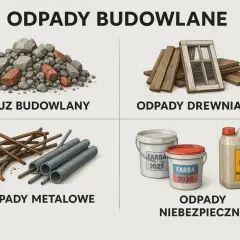 Segregacja odpadów budowlanych: gruz, drewno, metal, farby i odpady niebezpieczne.