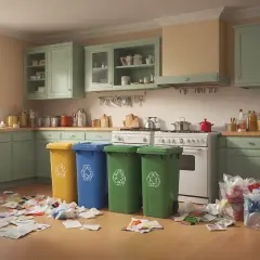 Cztery kosze na śmieci w kuchni, symbolizujące co to recykling, z porozrzucanymi papierami i workami.
