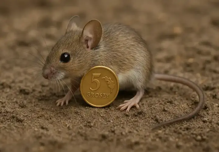 Mała mysz polna z monetą 5 groszy. Ciekawe, ile żyje mysz polna, czy dłużej niż ta moneta?