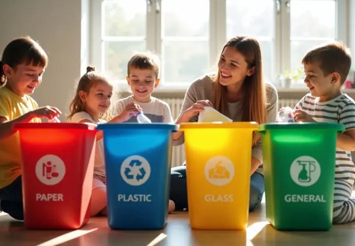 Uśmiechnięta pani uczy dzieci segregacji śmieci. Kolorowe pojemniki: papier, plastik, szkło, ogólne. Radosna nauka ekologii.