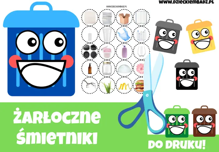 Kolorowe śmietniki i przedmioty do segregacji śmieci do druku. Naucz się, co wrzucić do którego kosza!