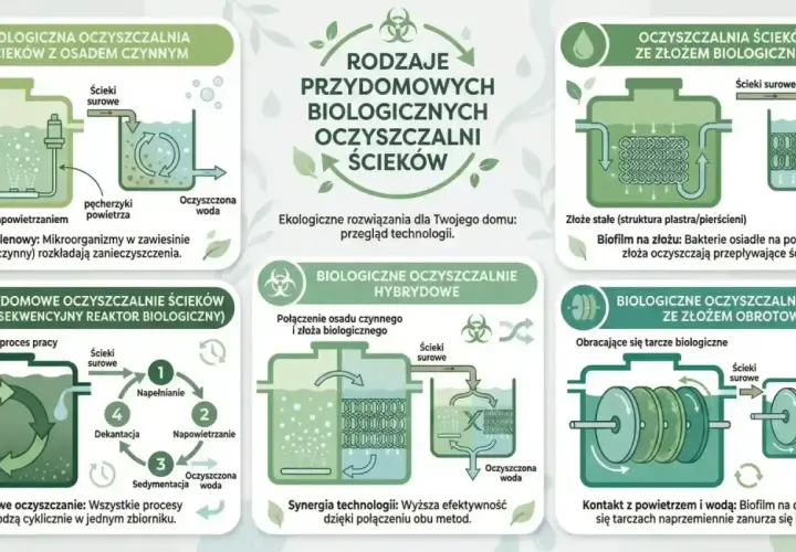 Schemat pokazuje, jak działa przydomowa oczyszczalnia ścieków. Różne technologie, jak osad czynny, złoże biologiczne, SBR, hybrydowe i obrotowe, oczyszczają ścieki.