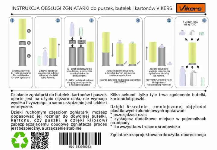 Instrukcja obsługi zgniatarki do puszek, butelek i kartonów. Zgniatarka ułatwia recykling, zmniejszając objętość opakowań.