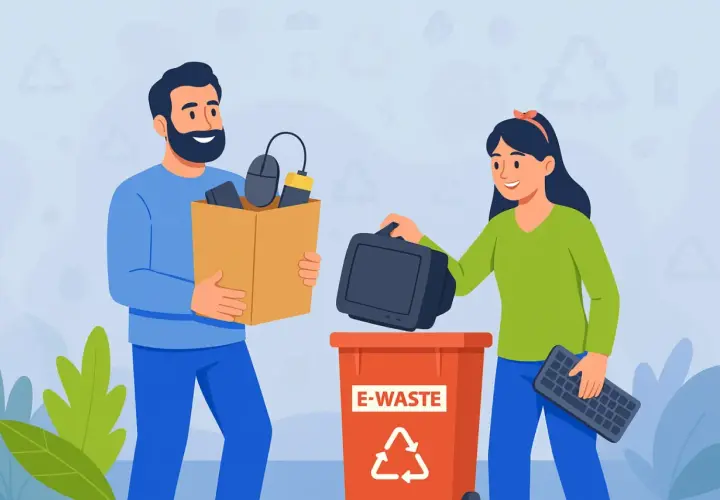 Para segregacji elektrośmieci: mężczyzna z kartonem pełnym sprzętu, kobieta wrzuca monitor do czerwonego pojemnika E-WASTE. Pamiętaj, gdzie wyrzucać baterie i inne urządzenia elektroniczne.