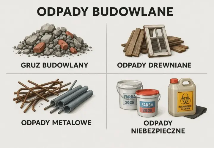 Segregacja odpadów budowlanych: gruz, drewno, metal, farby i odpady niebezpieczne.