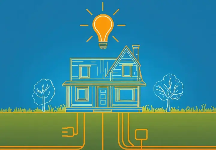 Ilustracja domu z żarówką nad nim symbolizuje efektywność energetyczną budynku. Pod ziemią widoczne są przewody elektryczne.