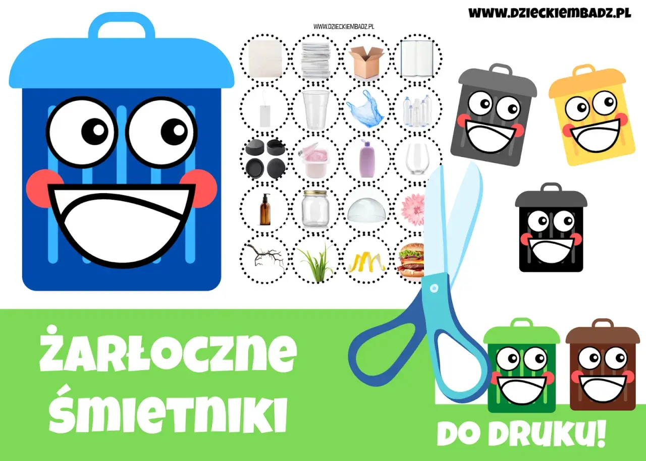 Kolorowe śmietniki i przedmioty do segregacji śmieci do druku. Naucz się, co wrzucić do którego kosza!