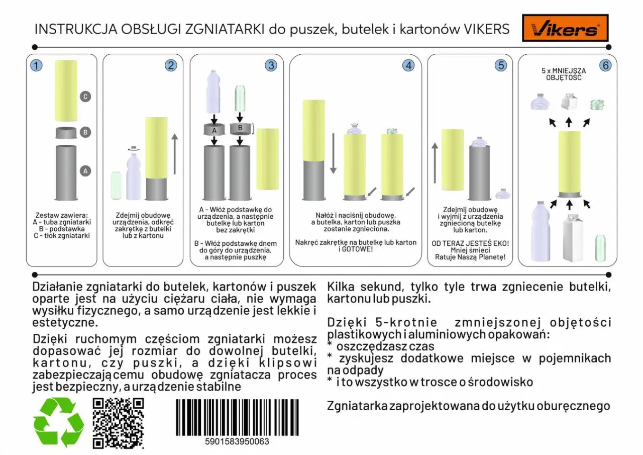 Instrukcja obsługi zgniatarki do puszek, butelek i kartonów. Zgniatarka ułatwia recykling, zmniejszając objętość opakowań.