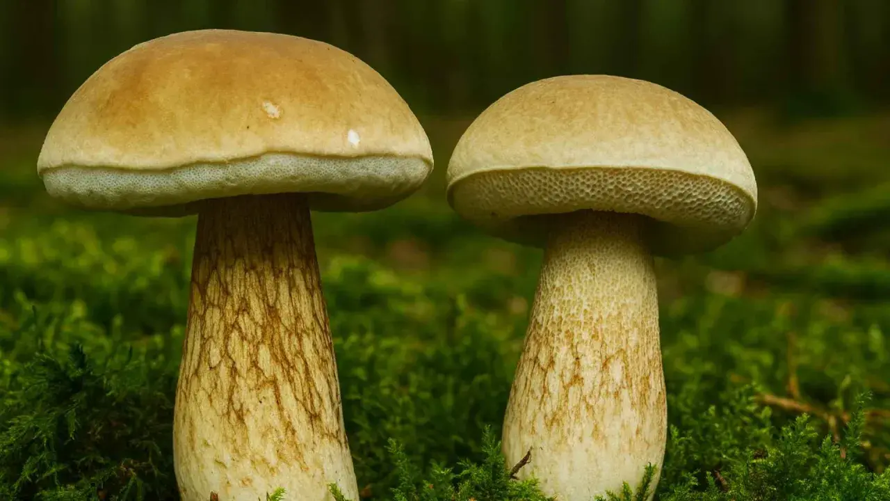 Dwa grzyby kozaki z jasnymi kapeluszami i grubymi, łuskowatymi trzonami rosną w mchu.
