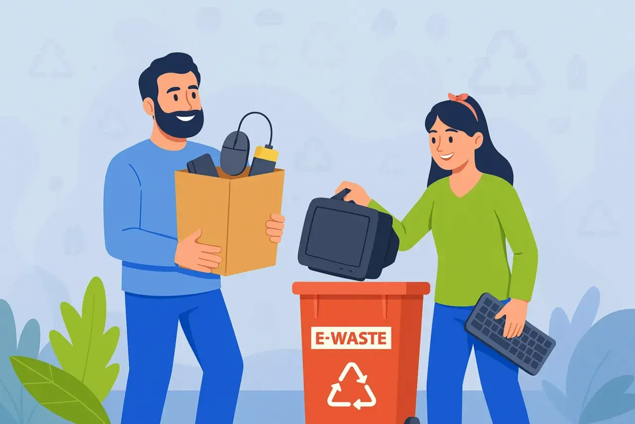 Para segregacji elektrośmieci: mężczyzna z kartonem pełnym sprzętu, kobieta wrzuca monitor do czerwonego pojemnika E-WASTE. Pamiętaj, gdzie wyrzucać baterie i inne urządzenia elektroniczne.