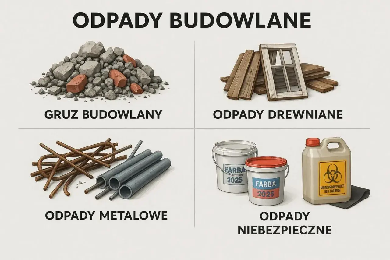 Segregacja odpadów budowlanych: gruz, drewno, metal, farby i odpady niebezpieczne.