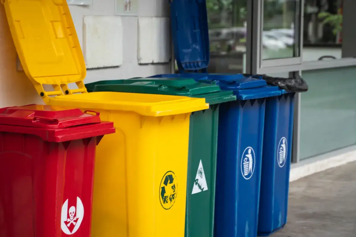Kolorowe pojemniki na śmieci. Żółty z symbolem recyklingu, zielony i niebieski z ikoną osoby wrzucającej śmieci. Gdzie wyrzucać metal? Sprawdź oznaczenia!