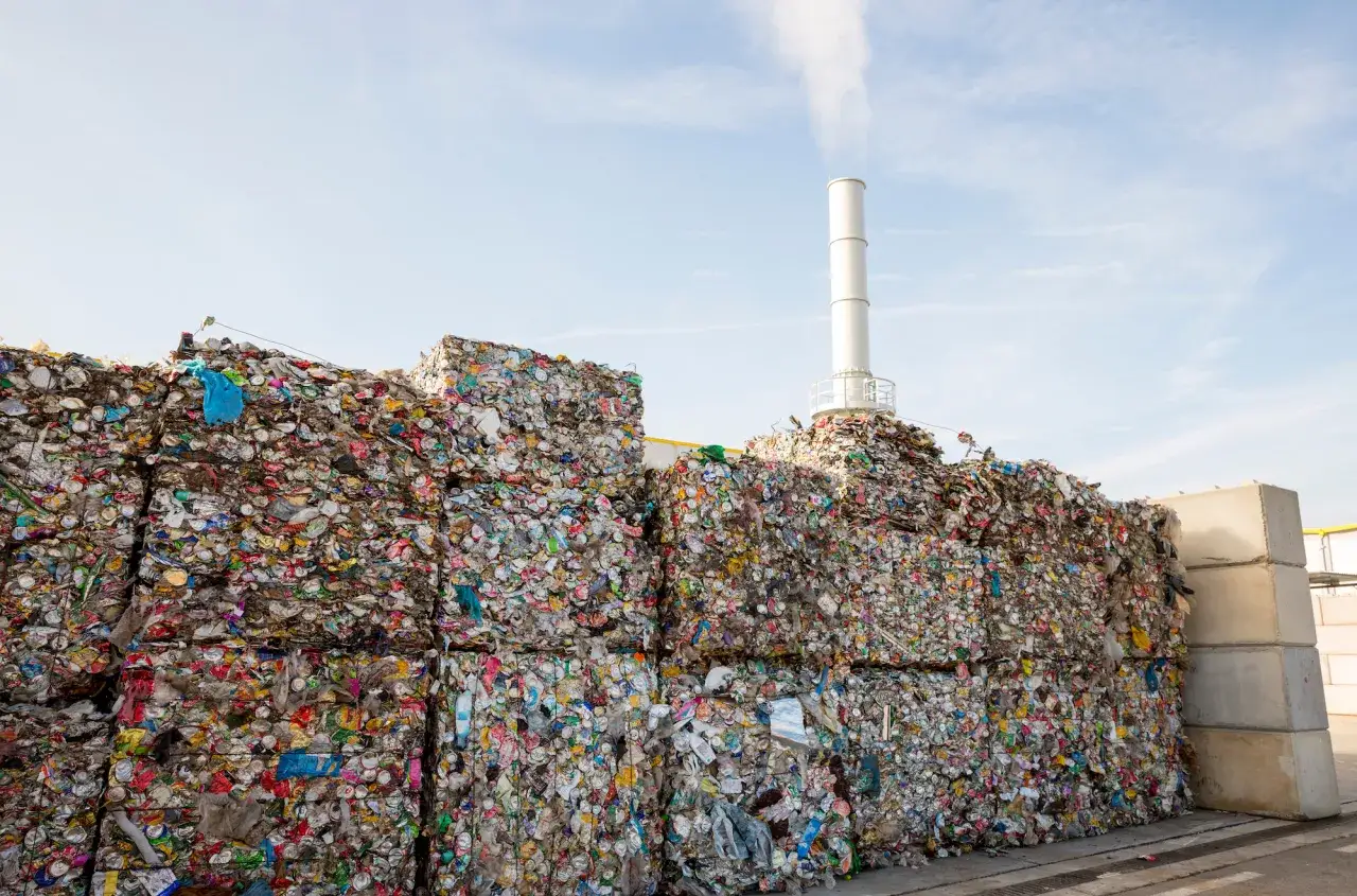 Ogromne bele śmieci, puszki i plastiki, czekają na utylizację. W tle komin z dymem.