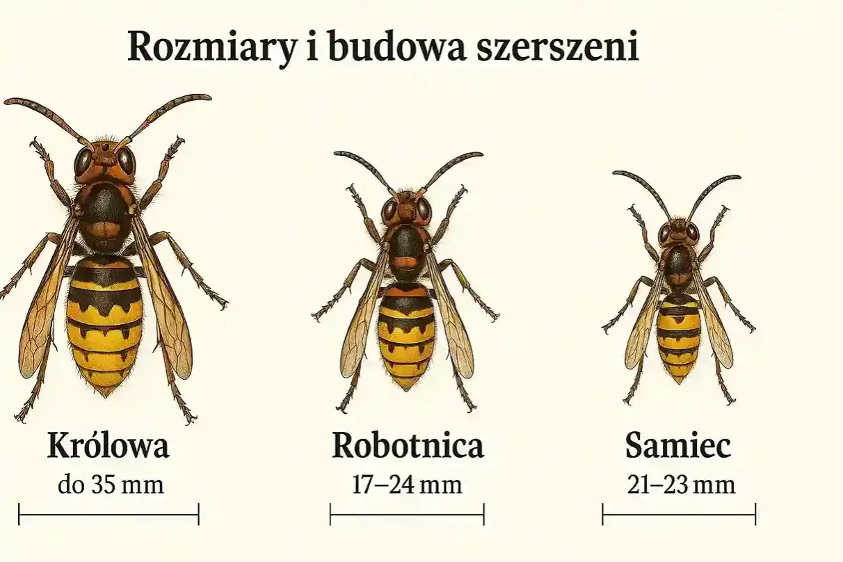 Ilustracja przedstawia królową, robotnicę i samca szerszenia, pokazując ich rozmiary. Królowa żyje najdłużej, do 35 mm.