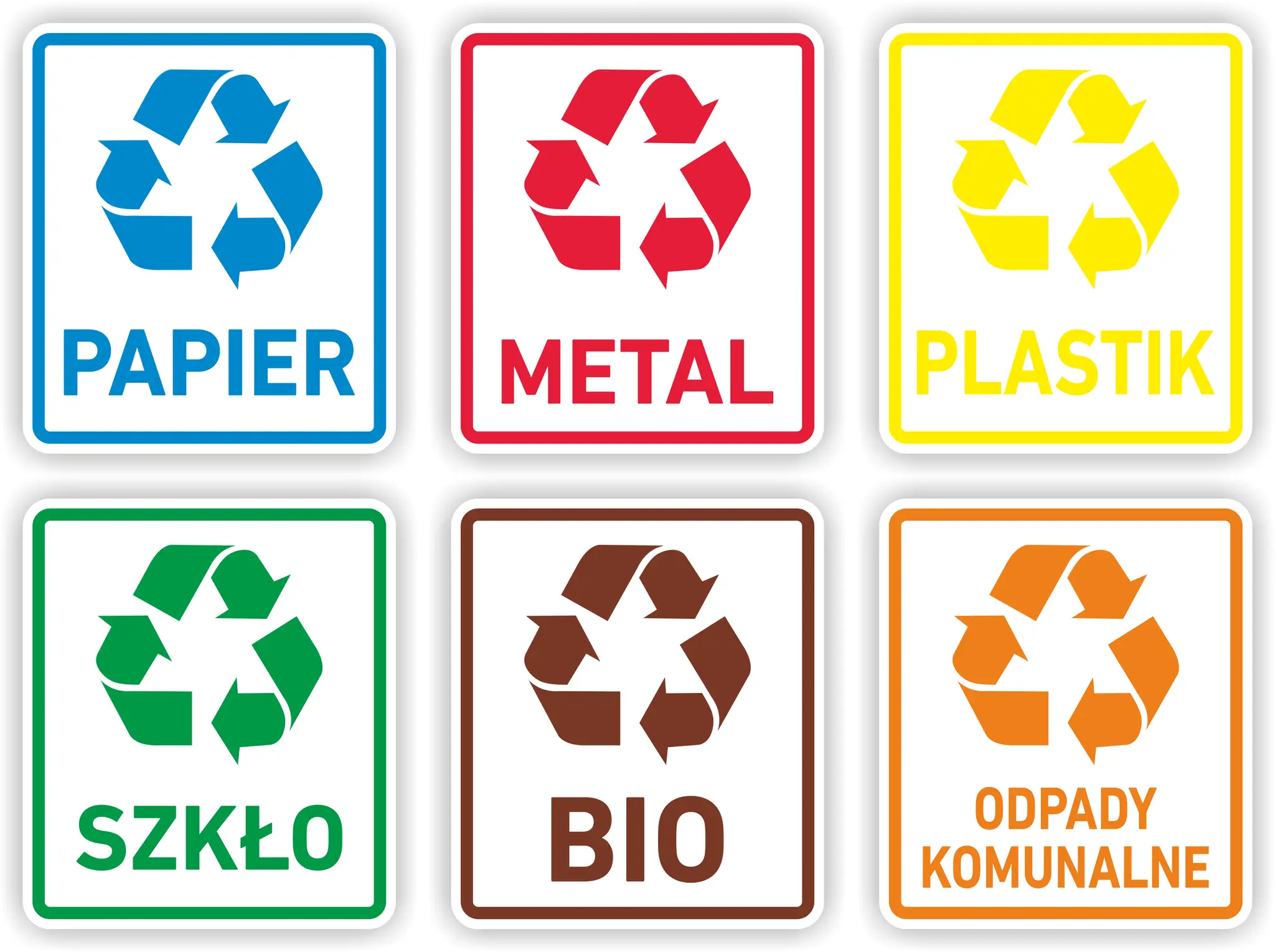 Zestaw sześciu tabliczek do segregacji śmieci do druku: papier, metal, plastik, szkło, bio, odpady komunalne.