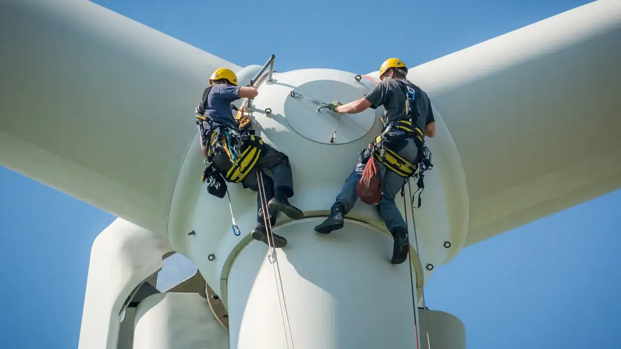 Dwóch techników w kaskach wspina się po łopacie turbiny wiatrowej, dbając o rozwój ekologicznych źródeł energii.