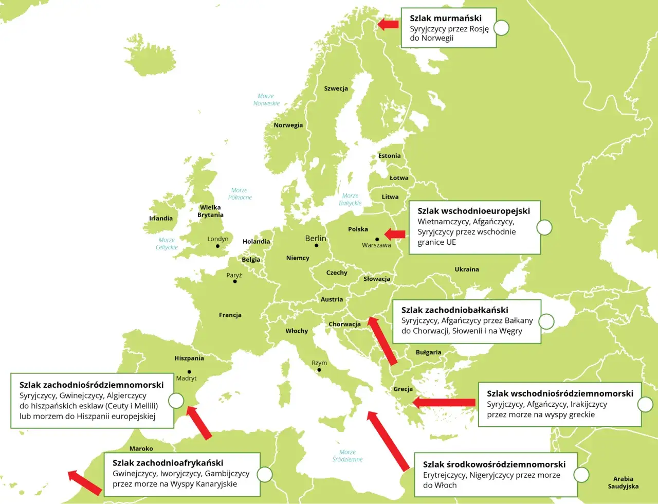 Mapa Europy z zaznaczonymi szlakami migracyjnymi, pokazująca, gdzie odlatują żurawie na zimę, m.in. do Hiszpanii i na Wyspy Kanaryjskie.