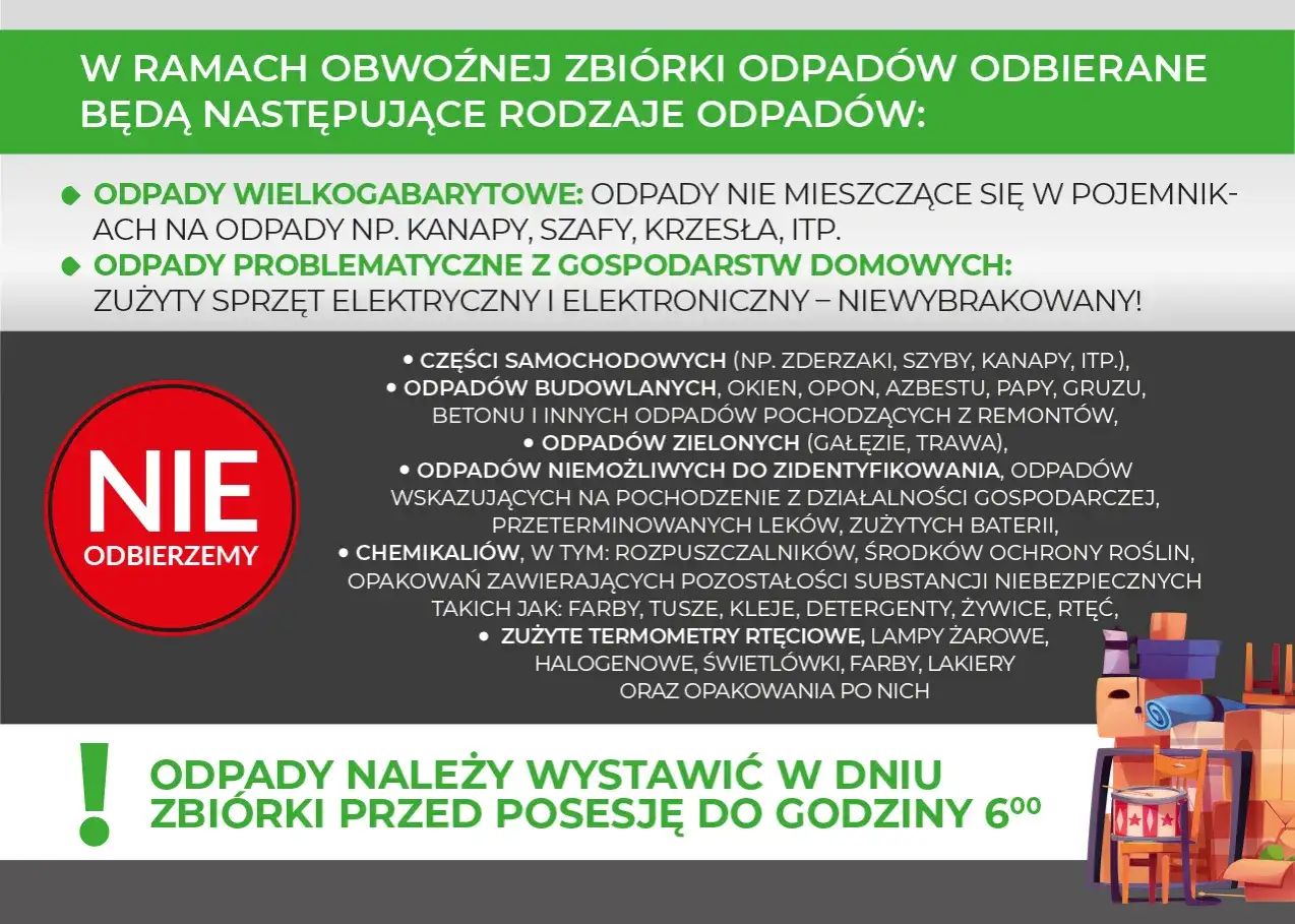 Co można wyrzucić na gabaryty: meble, sprzęt RTV/AGD, części samochodowe, odpady budowlane, zielone, chemikalia, termometry rtęciowe.
