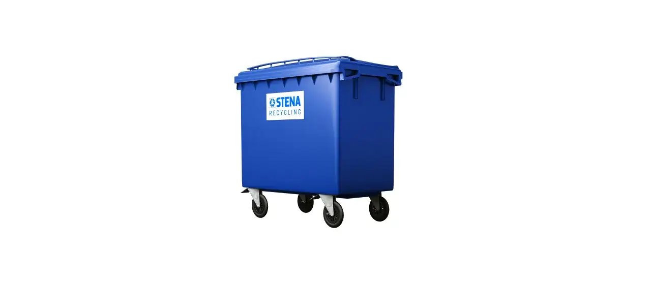 Niebieskie pojemniki na makulaturę z logo Stena Recycling, gotowe do segregacji odpadów.