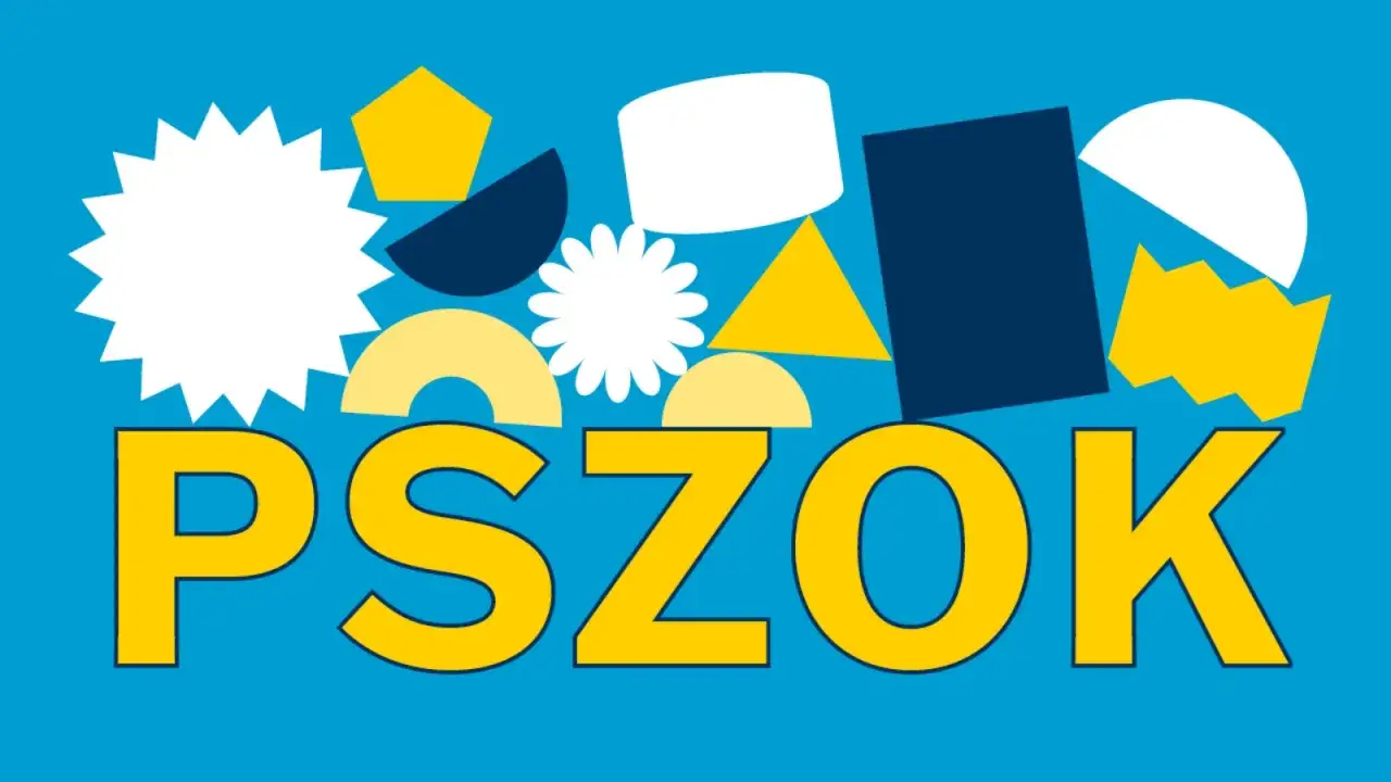 Kolorowe kształty nad napisem PSZOK. Zastanawiasz się, gdzie wywieźć gruz? PSZOK to miejsce, gdzie możesz to zrobić!