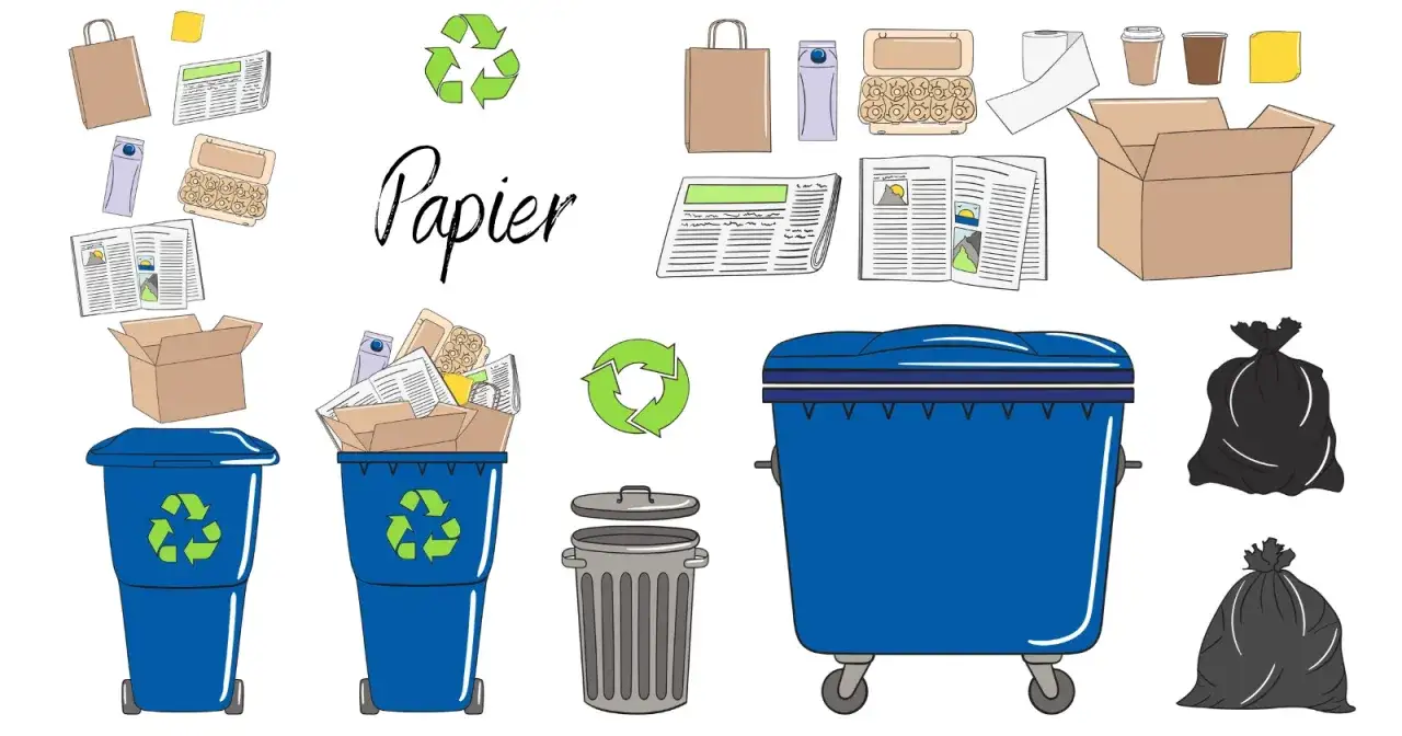 Papier, makulatura co to? Ilustracja pokazuje różne przedmioty papierowe, jak gazety, kartony, torby, kubki, oraz pojemniki do segregacji.